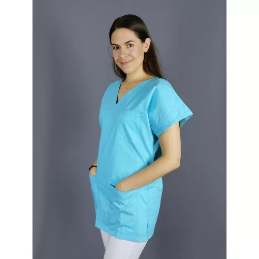 Világos türkiz tunika, női munkaruha felső, női munkaruházat egészségügyi és óvodai dolgozóknak